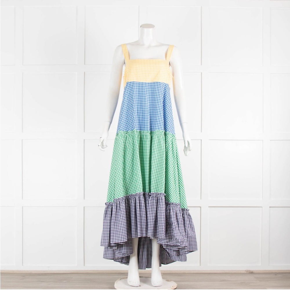 MDS Stripes Yellow Blue Green Gingham Tiered Maxi Dress 4 - Picture 4 of 16